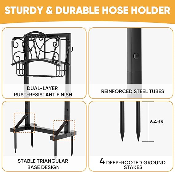 Heavy-Duty Garden Hose Holder with Storage Basket and Tool Hooks, XEAPOMS Stable Hose Hanger Metal Garden Hose Storage Holds 160Ft, Rustproof Freestanding Water Hose Holder for Outside,Yard,Lawn,Farm