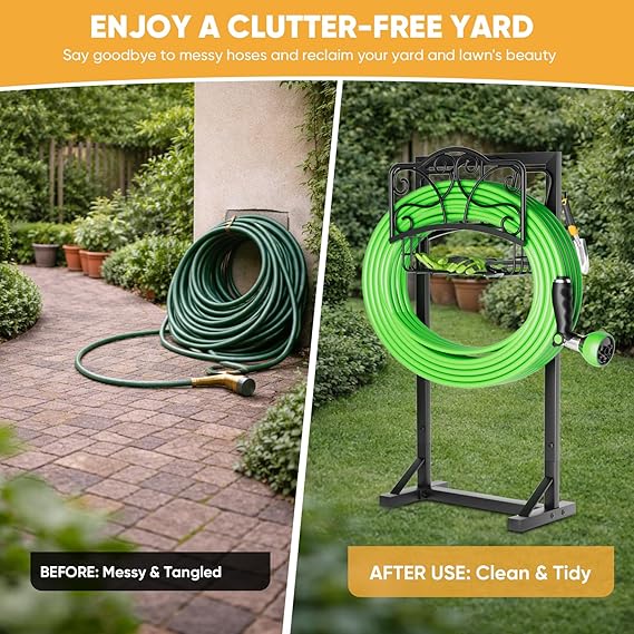 Heavy-Duty Garden Hose Holder with Storage Basket and Tool Hooks, XEAPOMS Stable Hose Hanger Metal Garden Hose Storage Holds 160Ft, Rustproof Freestanding Water Hose Holder for Outside,Yard,Lawn,Farm